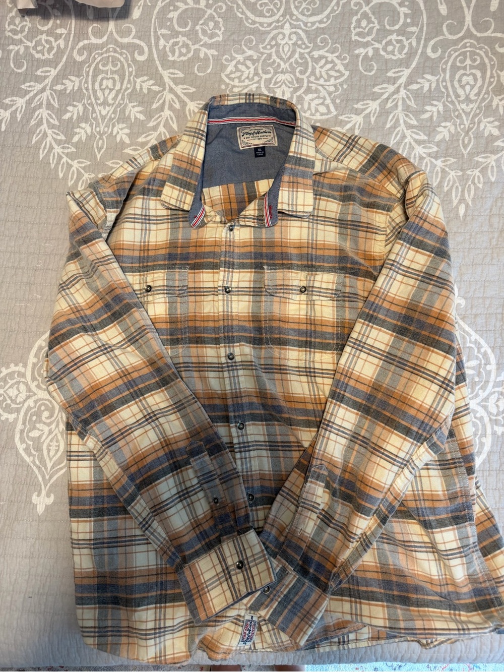Flag & Anthem Beige & Blue Plaid Long-Sleeve Button Down Shirt